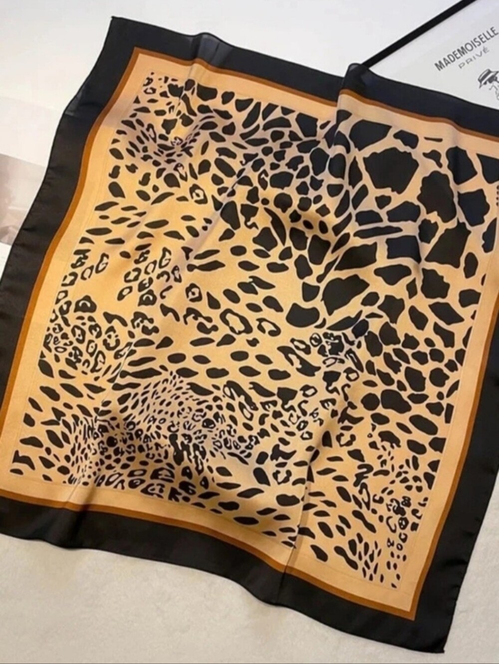 Leopard Print Silk-Style Square Scarf - Black & Camel